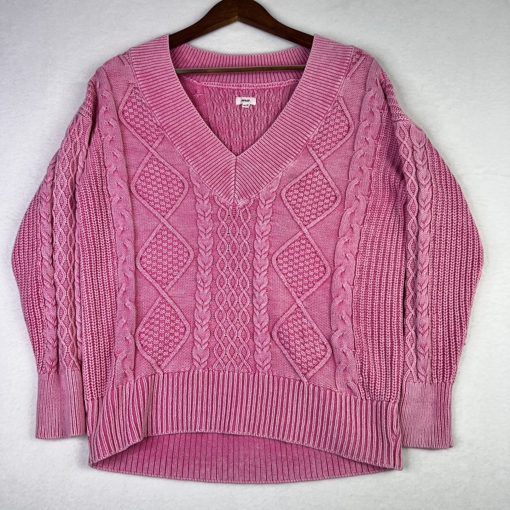Aerie 100% Cotton Cable Knit Sweater Womens XS Pink Acid Wash Knit Oversized
